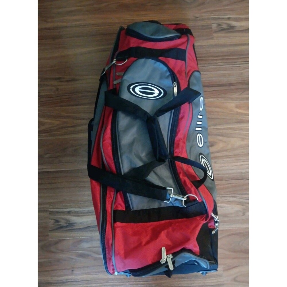 Elite Triple Roller Bowling Bag -3 Ball  Rolling Tote Carrier Black Red 36" EUC